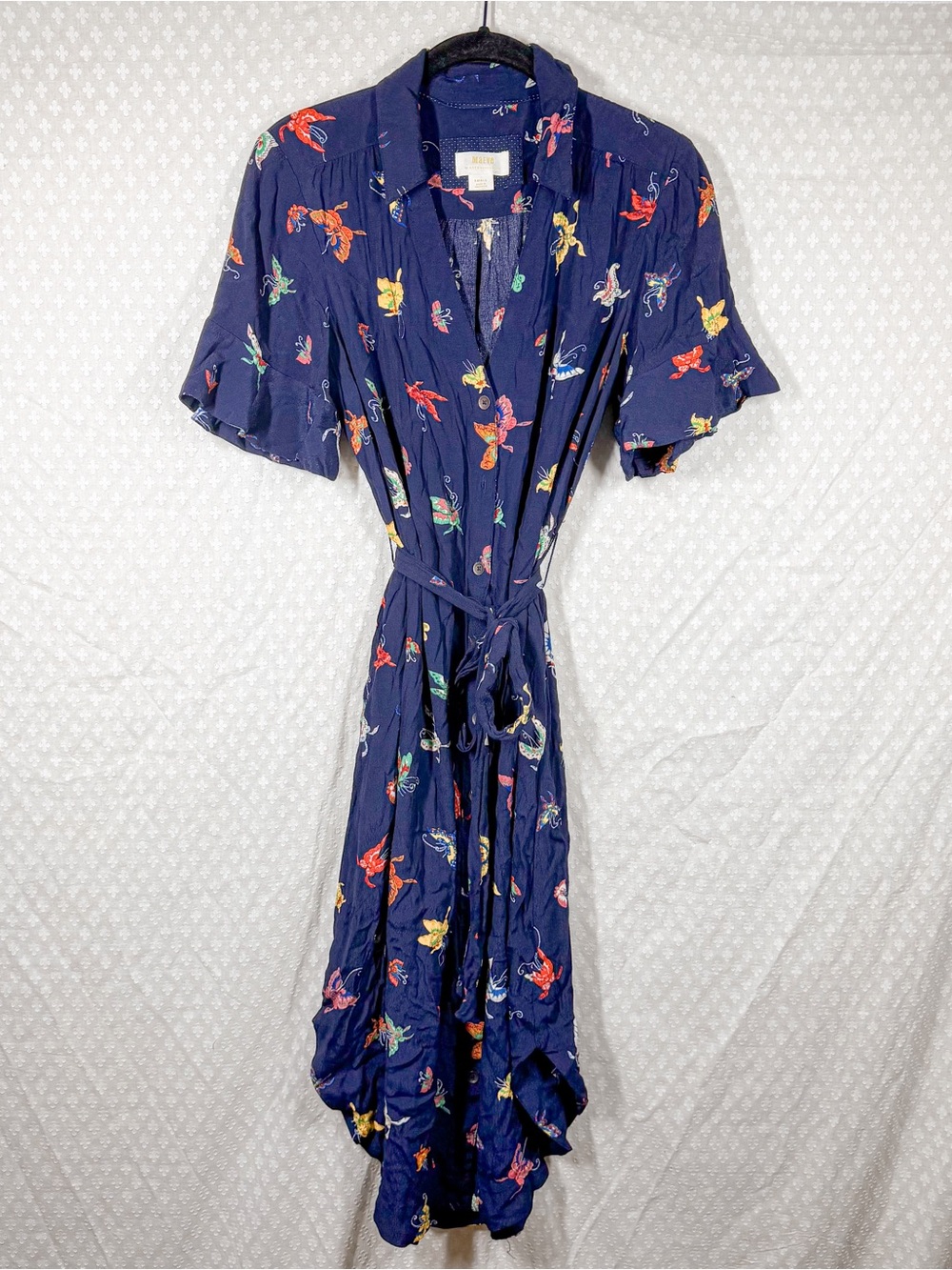 Anthropologie Maeve Dark Blue Butterfly Print Button Down Tie Waist Midi Dress